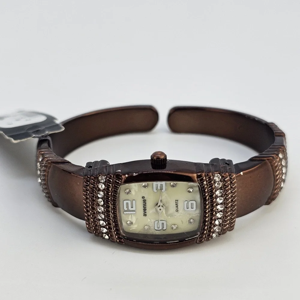 Avenue Open Cuff Watch Women 20MM Cream Dial Brown Bands 5.5" NEW Battery - Picture 4 of 11